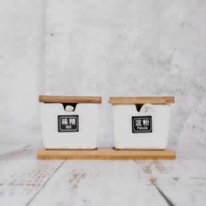 Tempat Penyimpanan Bumbu Dapur & Tempat Penyimpanan Oil Vinegar Keramik Dengan Nampan Kayu