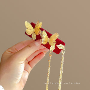 กิ๊บติดผมรูปผีเสื้อสีทองสไตล์จีนใหม่สำหรับผู้หญิง กิ๊บติดผมแบบหนีบข้าง ตกแต่งผมแบบครึ่งหัว ประดับผม รูปผีเสื้อ ไม่มีเพชร