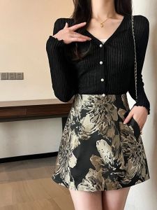 Retro Embroidered High Waist Puffy Skirt A-Line Short Dress Victorian Style Polyester Fabric Floral Pattern Zipper Closure