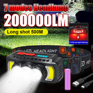 200000LM Headlamp Super Powerful Flashlights EDC LED Flashlight Portable Lights USB Rechargeable Lamp for Outdoor Camping Hiking