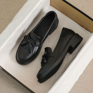Soft Bottom Work Shoes Womens Black British Style Fall New Flat Bottom Bean Bean Loafers Cowhide Leather Fashion Single Shoes
