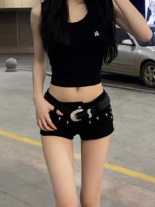 Quần Short Denim Cạp Thấp Gợi Cảm Y2K Retro Nightclub Cho Nữ Quần Short Denim Rách Ren Ngắn Thời Trang Mùa Hè 2024