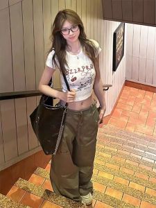 American Style Spicy Girl Short Sleeve round Neck Letter Print Pure Cotton Womens T-shirt Summer Slimming Top Commute Style