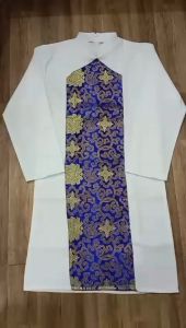 {Tặng liễng cài áo} Áo dài cách tân nam người lớn vải pho màu trắng phối gấm Tết 2024