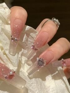 Starry Pink Diamond in the Debris Nail Sticker Wear Armor Long Nude Blush Heart Micro Glass Bead Big Diamond Fake Nails