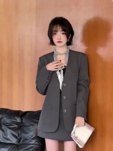 MIUCO | Áo Khoác Blazer Phong Cách Đi Làm Màu Xám Không Cổ Size Nhỏ