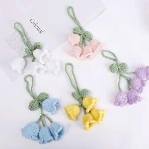 Handmade Woven Knitted Flower Keychain Women Crocheted Wool Lily of The Valley Flower Leaf Pendant Car Bag Keyring Girls Fresh Handbag Charms Gift