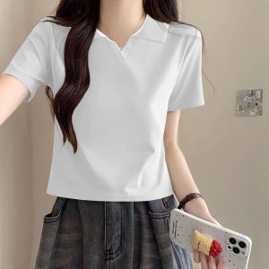LINGLONGDAI | Slim Fit Pure Cotton Polo Neck Short Sleeve Black Womens T-Shirt Summer Base Shirt Short Style Top Korean Commute Style Solid Color