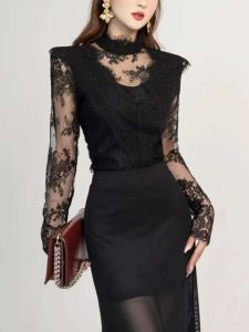 เซ็กซี่ ระดับไฮเอนด์ ลูกไม้ ตาข่าย เสื้อท่อนบน เรียบหรู หางปลา กระโปรง การรวบรวมงานเลี้ยงวันเกิด พรางหุ่น ครึ่ง กระโปรง สไตล์ฝรั่งเศส แขนยาวคอกลม