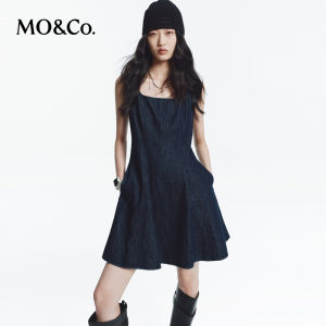 MO&Co. | Autumn New Cotton Linen and Denim Pinafore Dress Square Neck Waist Cinched A-line