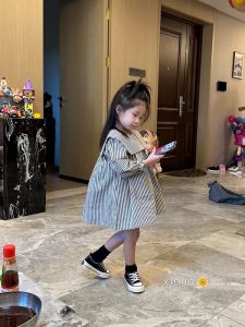 Korean Style Girls Autumn Dress Sweet Square Collar Princess Skirt Bubble Sleeve Pocket Dress Forest System Striped Childrens Clothes