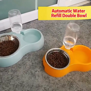 2-in-1 Dog Cat Feeding Bowl with Automatic Waterer Stainless Steel No-Spill Double Bowl Durable Pet Food Water Feeder for Small Pets Home Pet Feeding Supplies