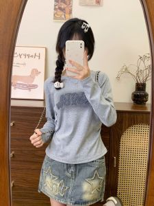 Áo Thun Dài Tay Mềm Mại in Chữ Ôm Vừa Vặn Cổ Tròn Mùa Thu Cotton Pha Trộn Polyester Áo Lót Bên Trong Cho Nữ