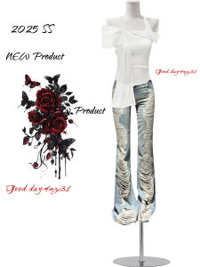 Retro American Large Size Denim Jeans Womens Street Style Slimming Micro Flared Long Trousers Hollow out Low Waist Casual Summer Jeans