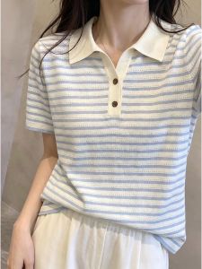 V.C.I | Stripe Polo Shirt Womens T-shirt Blue Short Sleeve Loose Color Block Hollow Out