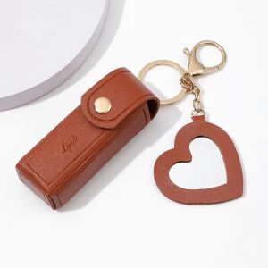 Mini Portable Leather Lipstick Storage Bag with Small Mirror Keychain Urban Simple Style Printed PU Vertical Square Makeup Bag
