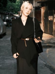 BINKAFENNY | Ladies Black Open Cardigan Sweater Collared Knitted Loose Fit Mid-Length Outerwear for Autumn Winter Casual Versatile Style