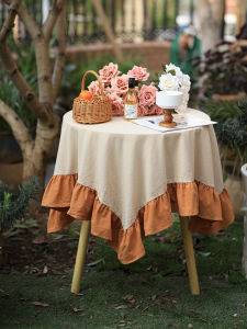 Khăn Trải Bàn Tròn Màu Kaki Sang Trọng Cổ Điển Viền Hoa Sen Tạo Không Khí Trang Trí Khăn Phủ Bàn Trà Chất Liệu Cotton Phong Cách Pháp