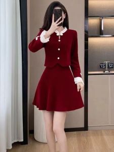 Red Velvet Patchwork Skirt Set Womens Autumn Winter New Year Elegant Half-length Two-piece Suit Long Sleeve Stand Collar