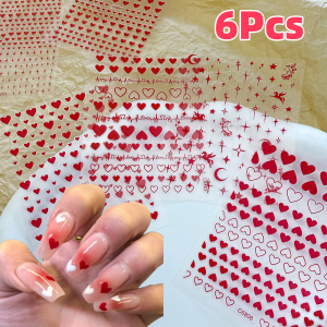 6Pcs 3D Red Love Heart/Star/Moon Nail Art Sticker Cute Hollow Love Self-Adhesive Decals 10*8cm Sweet Y2K Manicure Decorations *&
