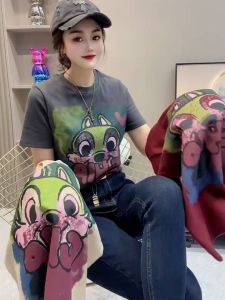 European Station Cartoon American Style Print Pure Cotton Short-Sleeved T-shirt Womens Special-Interest Fashion Brand Fashion All-Matching Loose Tops Younger