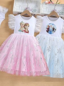 Váy Công Chúa Tay Ngắn Mùa Hè Cho Bé Gái Váy Lưới Baby Elsa Quần Áo Trẻ Em Thường Ngày Bằng Vải Cotton Pha Trộn