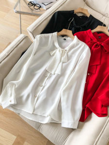 Extra Large Butterfly Knot Tie Snowflake White Shirt for Women Loose Style French Fashion Long Sleeves Polyester Material