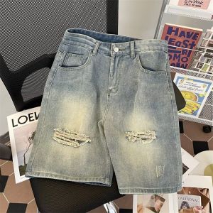 Washed Vintage Hole Denim Shorts Men Summer Thin Five-Point Loose Casual Straight Leg Jeans Youth Trendy Streetwear