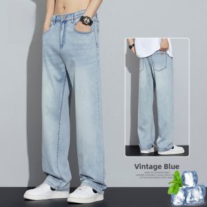ROMON | Romon Mens Summer Thin Wide Leg Jeans Silk Ice Sensation Drapey Straight Cut Loose Fit Casual Long Trousers Youth Trendy