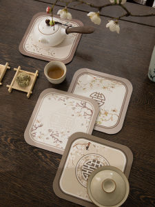 New Chinese Style Retro Absorbent Tea Mat Square Cup Diatom Mud Drainage Pad Flower Cloud Pattern Dining Table Cup Mat Double Sided Anti Slip