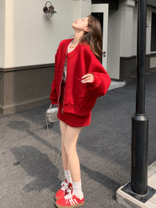 Red Casual Sweatshirt Short Skirt Two-Piece Set Womens Fashion Design Autumn New Style Complete Matching High Waist Zipper