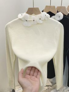 เสื้อสเวตเตอร์คอวีแขนยาวผู้หญิงสไตล์ฝรั่งเศส ทรงเข้ารูป เส้นใยไนลอน ปกดอกไม้ แฟชั่นฤดูใบไม้ผลิ 2024