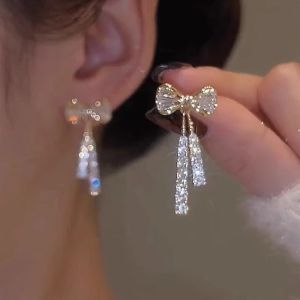 Elegant Crystal Zircon Butterfly Knot Tassel Earrings Womens Fine Luxury High-End Fashion Ear Jewelry Alloy Plated Silver