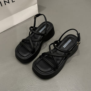 Womens Thick Heel Sandals 2025 New Summer French Fairy Evening Wind Skirt One-Strap Heightening Roman Shoes Fashionable Korean Style