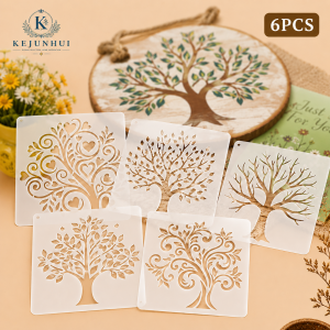 6Pcs 3.9x3.9in Tree of Life Stencils Reusable PET DIY Painting Stencils Love Tree Craft Templates Wall Wood Fabric Home Decor