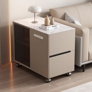 Luxurious Sofa Side Table on Wheels Mobile Wooden End Table Living Room Storage Space Cream Style Rock Surface Square Shape