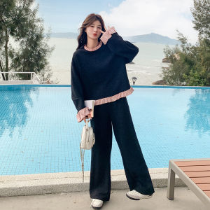 Casual Lazy Style Womens Two-Piece Set Spring Autumn Anti-Aging Wood Grain Ruffle Splicing Design Wide Leg Pants Ensemble