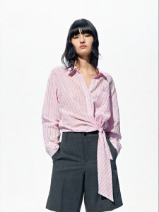 MO&Co. | Pink Brown Linen Cotton Loose Knot Striped Shirt