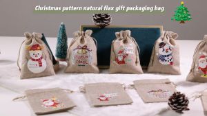 10Pcs Xmas Candy Snack Packing Bags Reusable Linen Drawstring Bags Birthday Party New Year Candy Bag Snowflake Elk Santa Printed Storage Bags Pouch for Christmas Decoration