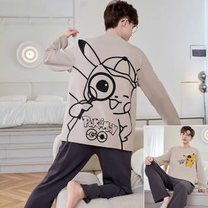 Pure ผ้าฝ้าย แขนยาว ชุดนอน ชุดสําหรับผู้ชาย ลำลอง สวมใส่สบายชุดนอนเยาวชนขนาดใหญ่ การ์ตูน พิมพ์สไตล์บริการบ้าน