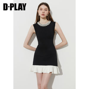 Dplay Black Label Summer 2025 Elegant Pearl Collar Heavy Embroidery Black Dress Womens Fashionable Knitted A-Line Dress
