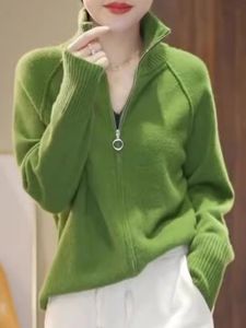 Green Knitted Sweater Coat Half High Collar Womens Fashion Autumn Winter New Style European Goods Carved Knitwear Top