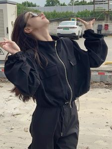 High Waist Short Bubble Sleeve Double Zipper Jacket Womens Fashion Design Drawstring Top Black High Waist Outerwear