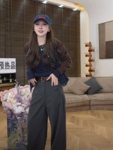 เวนิส ฤดูใบไม้ร่วง สูง เอว ขาตรง กางเกงสูท ลำลอง หลากหลาย พรางหุ่น Micro Stretch Leisure โพลีเอสเตอร์ ชุดทํางานไฟเบอร์