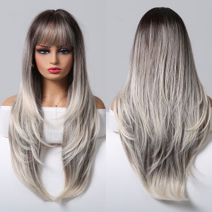 วิกผมสังเคราะห์สีดำเทาแบบ Ombre วิกผมยาวแบบตรงมีหลายชั้นทำจากเครื่องทำวิกผมสำหรับผู้หญิงทุกวันทนความร้อน