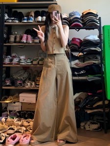 Karrar betsey | Khaki Sleeveless Vest and Wide-leg Pants Set 2 Piece