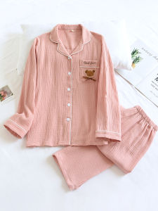 Spring Summer Autumn Thin Pure Cotton Bubble Cotton Yarn Simple Solid Color Loose Long Sleeve Full Cotton Outerwear Home Clothes Sleepwear Set for Women