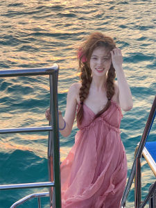 French Pink Vacation Style Open Back Ruffled Dress for Women Long Sleeveless Chiffon Gown with Asymmetrical Waistline