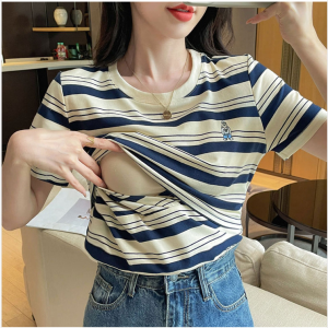 การให้นมบุตร เสื้อท่อนบน แขนสั้นลายซิปฟรี เสื้อผ้าคนท้อง สําหรับการใช้งานกลางแจ้ง ฤดูร้อนลำลอง หลวม ผ้าฝ้าย เสื้อยืด