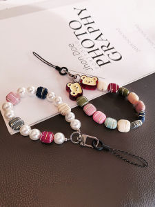 Creative Bear Handmade Beads Mobile Phone Lanyard Womens Large Particle Beads Wristband Hanging Rope Anti-Loss Phone Charm